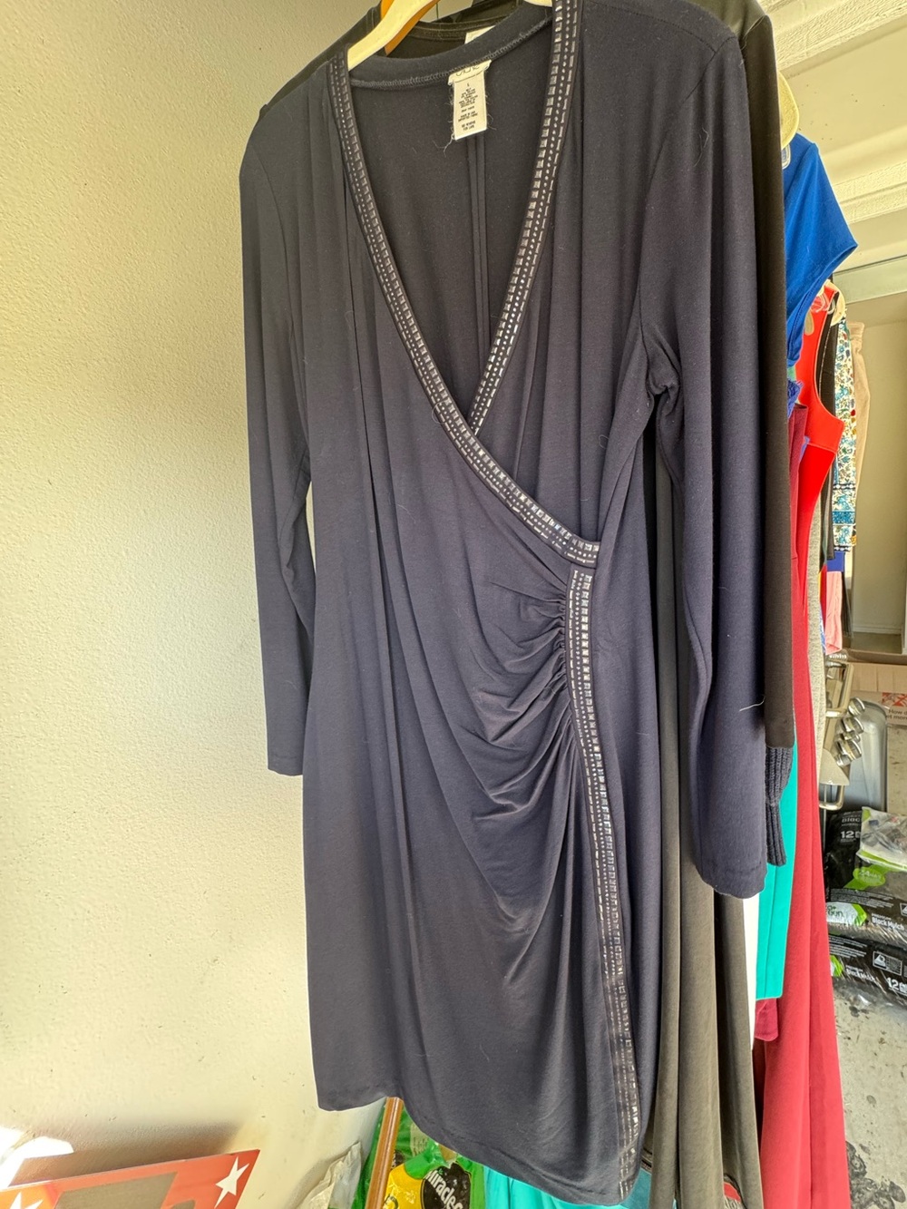Cache Black Long-Sleeve Wrap Dress with Beaded Trim